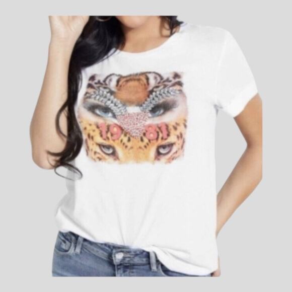 Guess Tops - NEW GUESS WOMEN'S WHITE BEADED SHORT SLEEVE ROUND NECK PULLOVER T-SHIRT SIZE XL